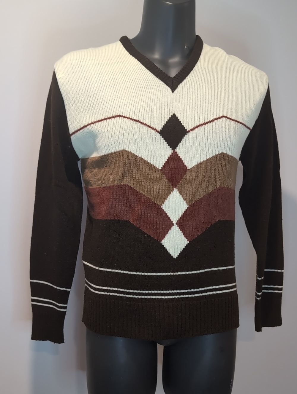 Vintage 70's Brown V-Neck  Retro Geometric Patterned Knit Sweater Large Cream